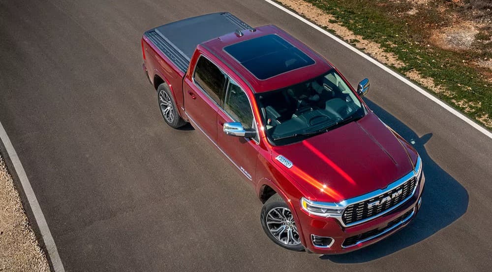 An aerial view of a red 2025 Ram 1500 parked after visiting a Ram dealer near Bloomington.